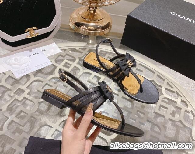 Unique Style Chanel Lambskin Flat Thong Sandals with Bow Black 0126148