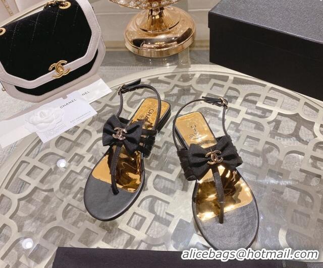 Unique Style Chanel Lambskin Flat Thong Sandals with Bow Black 0126148