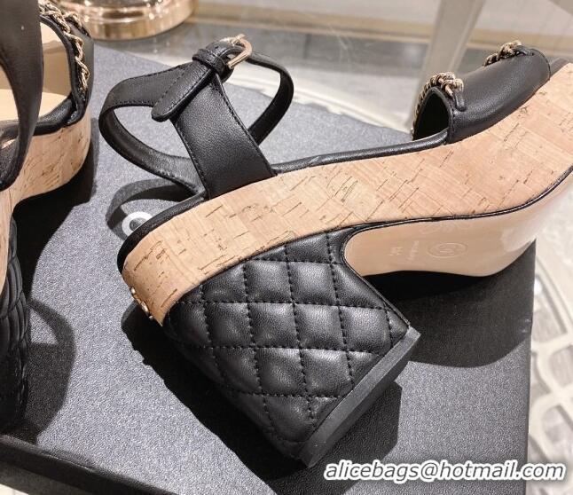 Discount Chanel Lambskin Platform Sandals 10.5cm with Chain Black 126149