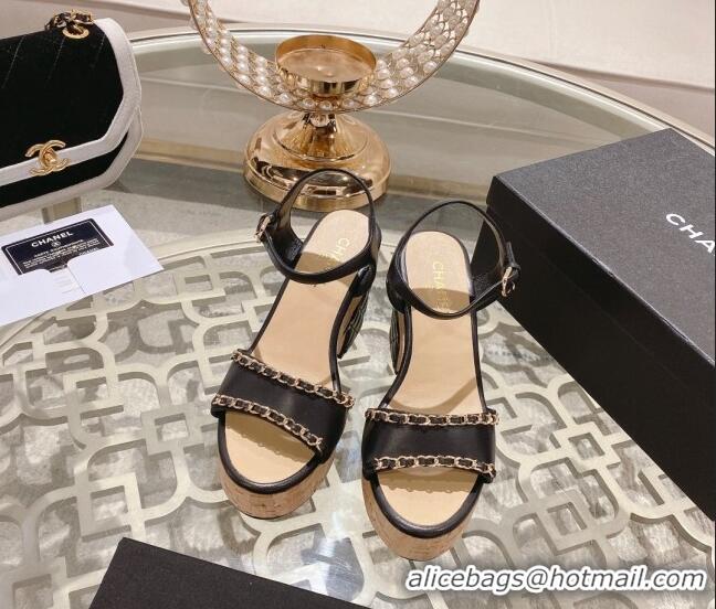 Discount Chanel Lambskin Platform Sandals 10.5cm with Chain Black 126149