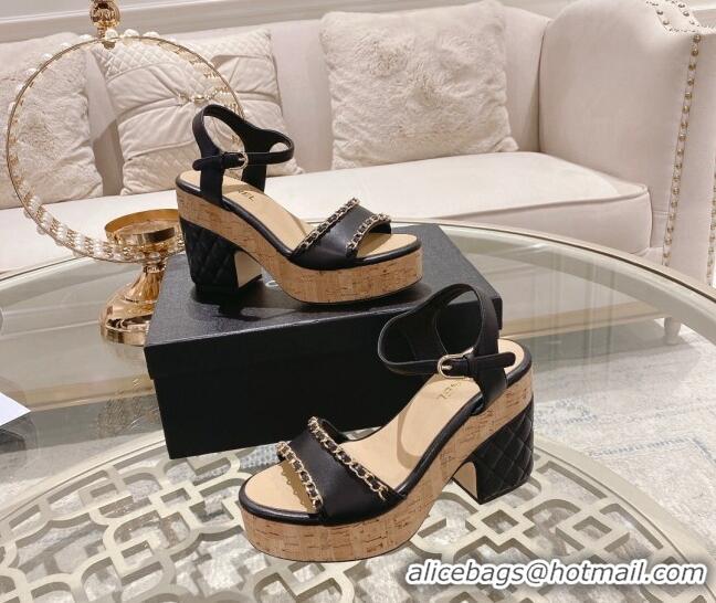 Discount Chanel Lambskin Platform Sandals 10.5cm with Chain Black 126149