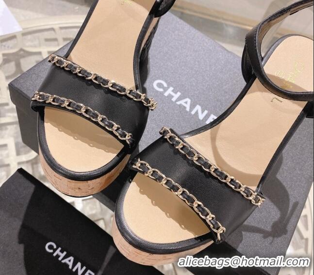 Discount Chanel Lambskin Platform Sandals 10.5cm with Chain Black 126149