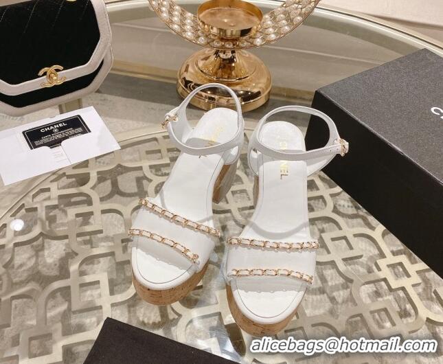 Grade Chanel Lambskin Platform Sandals 10.5cm with Chain White 0126150