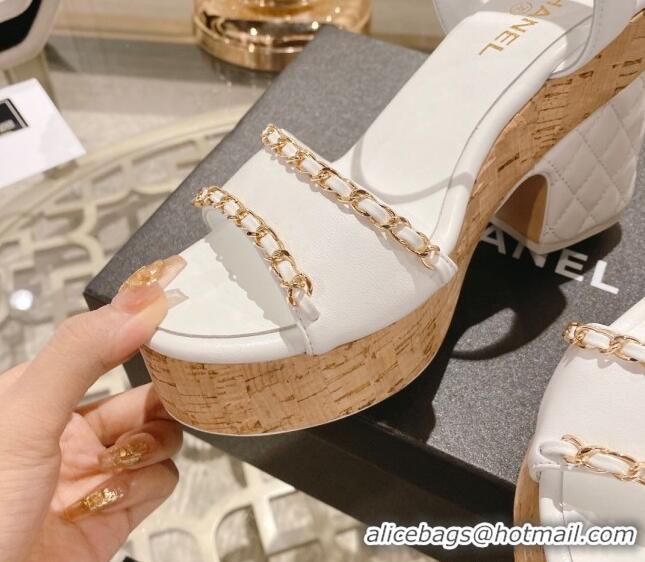 Grade Chanel Lambskin Platform Sandals 10.5cm with Chain White 0126150