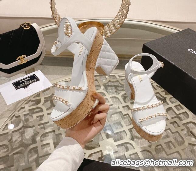 Grade Chanel Lambskin Platform Sandals 10.5cm with Chain White 0126150