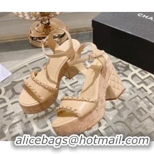 Grade Quality Chanel Lambskin Platform Sandals 10.5cm with Chain Beige 0126151