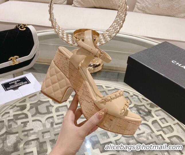 Grade Quality Chanel Lambskin Platform Sandals 10.5cm with Chain Beige 0126151