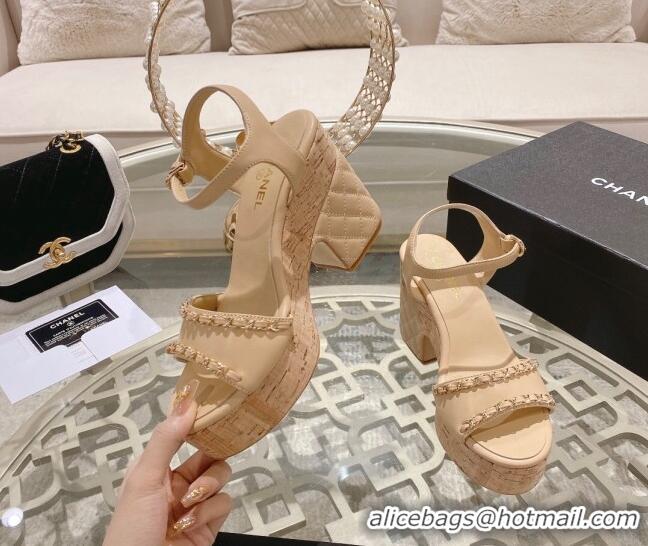 Grade Quality Chanel Lambskin Platform Sandals 10.5cm with Chain Beige 0126151