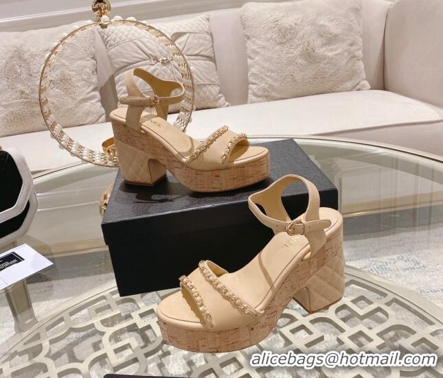 Grade Quality Chanel Lambskin Platform Sandals 10.5cm with Chain Beige 0126151