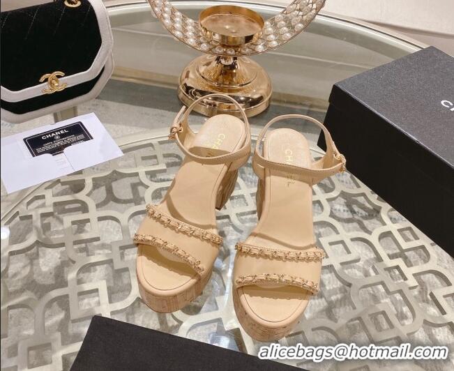 Grade Quality Chanel Lambskin Platform Sandals 10.5cm with Chain Beige 0126151