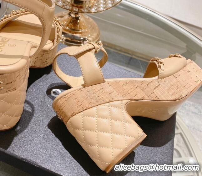 Grade Quality Chanel Lambskin Platform Sandals 10.5cm with Chain Beige 0126151