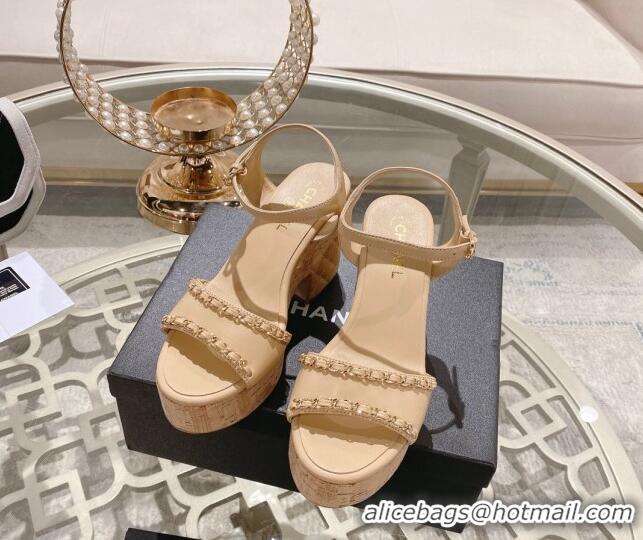 Grade Quality Chanel Lambskin Platform Sandals 10.5cm with Chain Beige 0126151