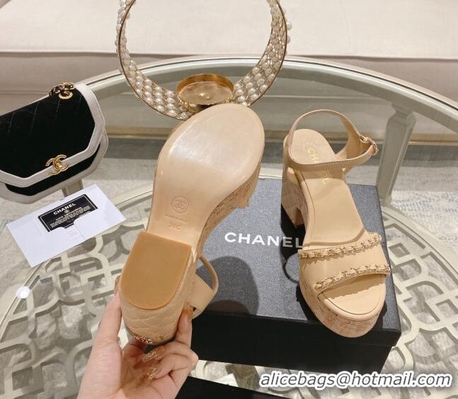 Grade Quality Chanel Lambskin Platform Sandals 10.5cm with Chain Beige 0126151