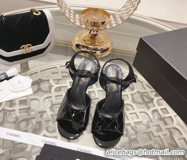 Sumptuous Chanel Quilted Patent Calfskin Wedge Sandals 7.5cm Black 0126152