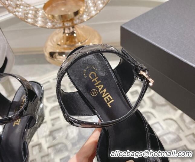 Sumptuous Chanel Quilted Patent Calfskin Wedge Sandals 7.5cm Black 0126152