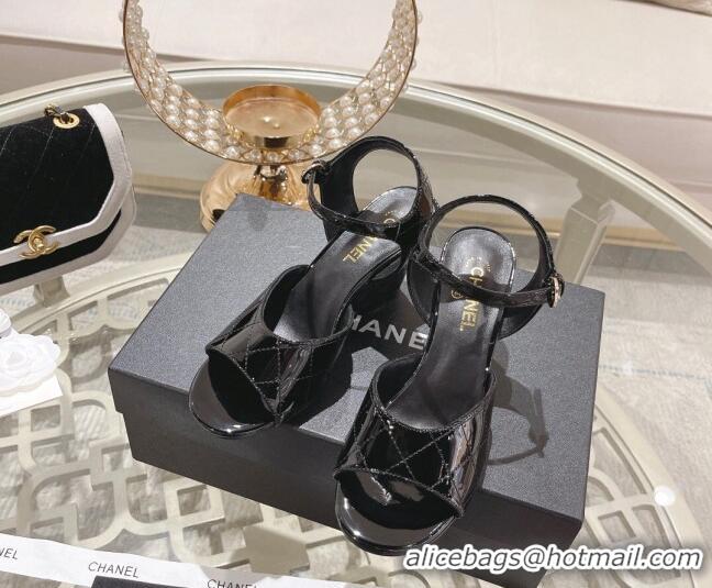 Sumptuous Chanel Quilted Patent Calfskin Wedge Sandals 7.5cm Black 0126152