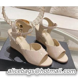 Best Price Chanel Quilted Patent Calfskin Wedge Sandals 7.5cm Nude 0126153