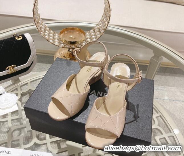 Best Price Chanel Quilted Patent Calfskin Wedge Sandals 7.5cm Nude 0126153