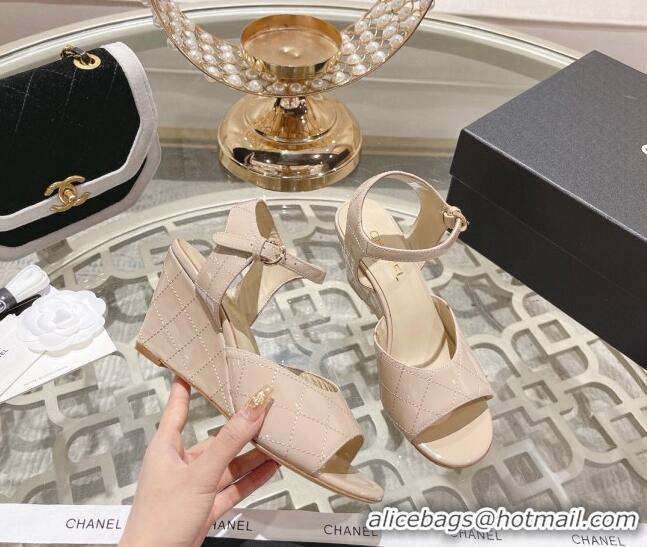 Best Price Chanel Quilted Patent Calfskin Wedge Sandals 7.5cm Nude 0126153