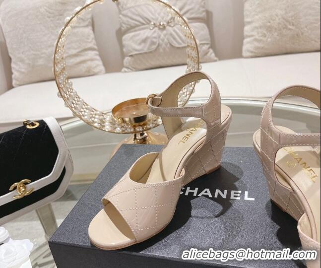 Best Price Chanel Quilted Patent Calfskin Wedge Sandals 7.5cm Nude 0126153