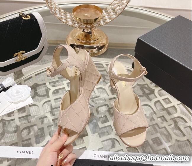 Best Price Chanel Quilted Patent Calfskin Wedge Sandals 7.5cm Nude 0126153