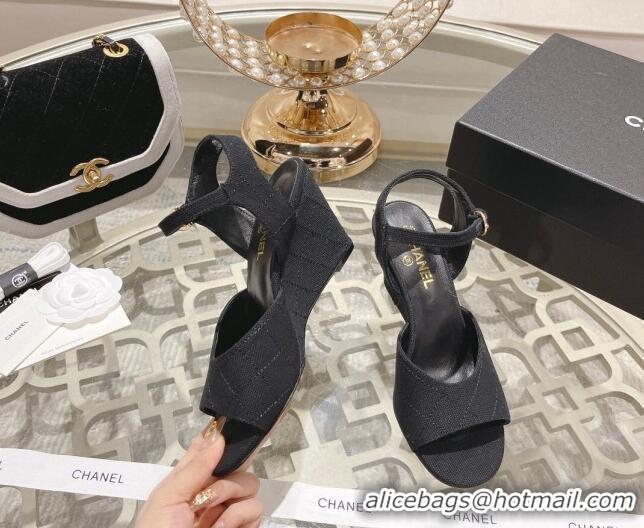 Good Quality Chanel Quilted Canvas Wedge Sandals 7.5cm Black 0126156