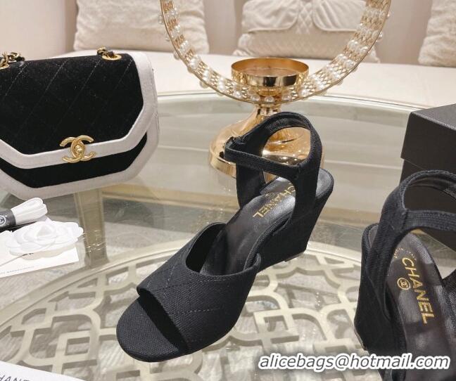 Good Quality Chanel Quilted Canvas Wedge Sandals 7.5cm Black 0126156