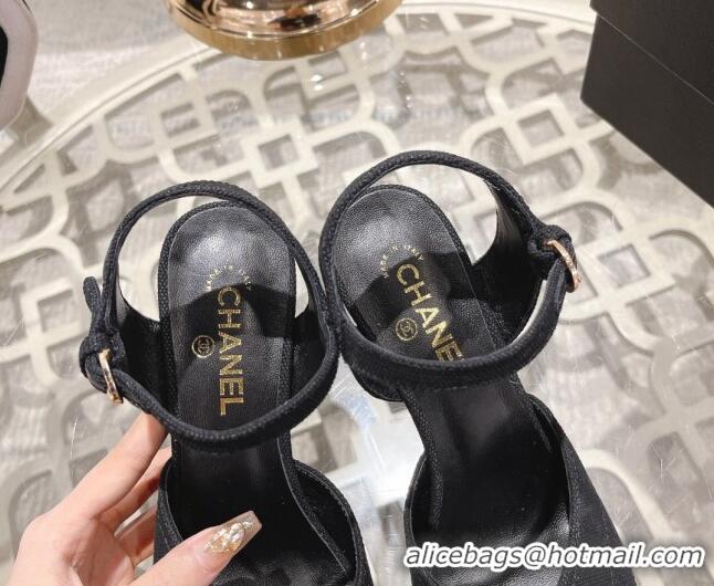 Good Quality Chanel Quilted Canvas Wedge Sandals 7.5cm Black 0126156