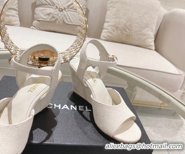 Low Cost Chanel Quilted Canvas Wedge Sandals 7.5cm White 126157