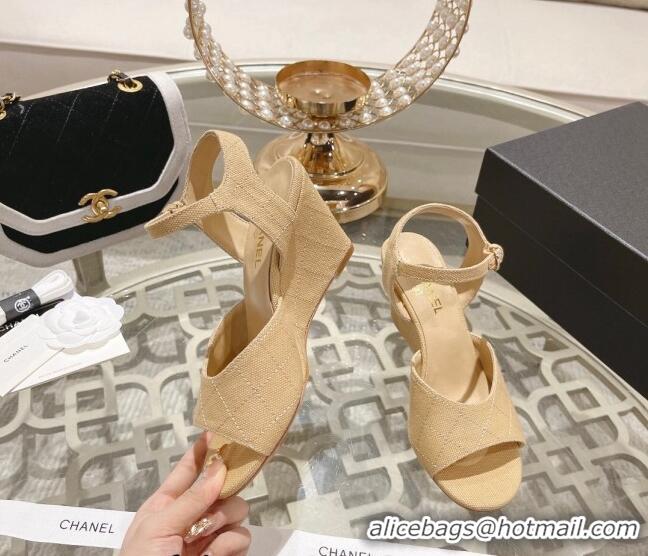 Sophisticated Chanel Quilted Canvas Wedge Sandals 7.5cm Beige 126158