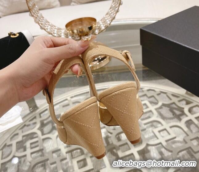 Sophisticated Chanel Quilted Canvas Wedge Sandals 7.5cm Beige 126158