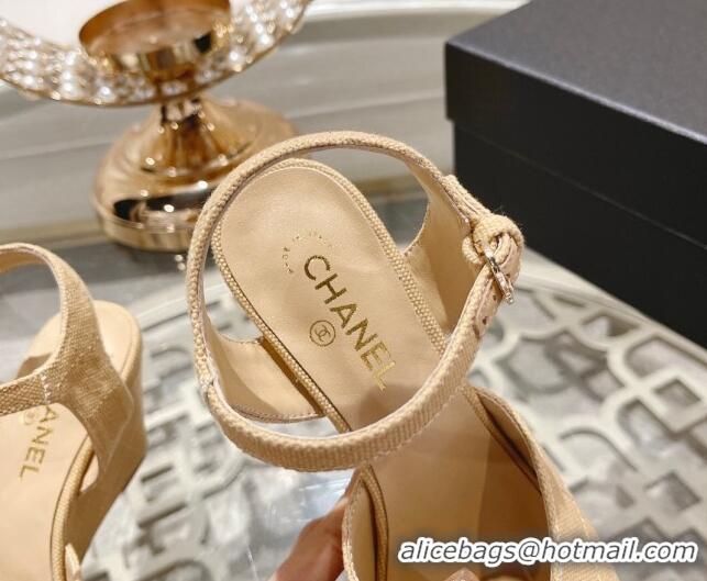 Sophisticated Chanel Quilted Canvas Wedge Sandals 7.5cm Beige 126158