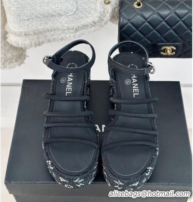 Top Design Chanel Calfskin & Crystals Heel Platform Sandals with Letterings Black 0223083