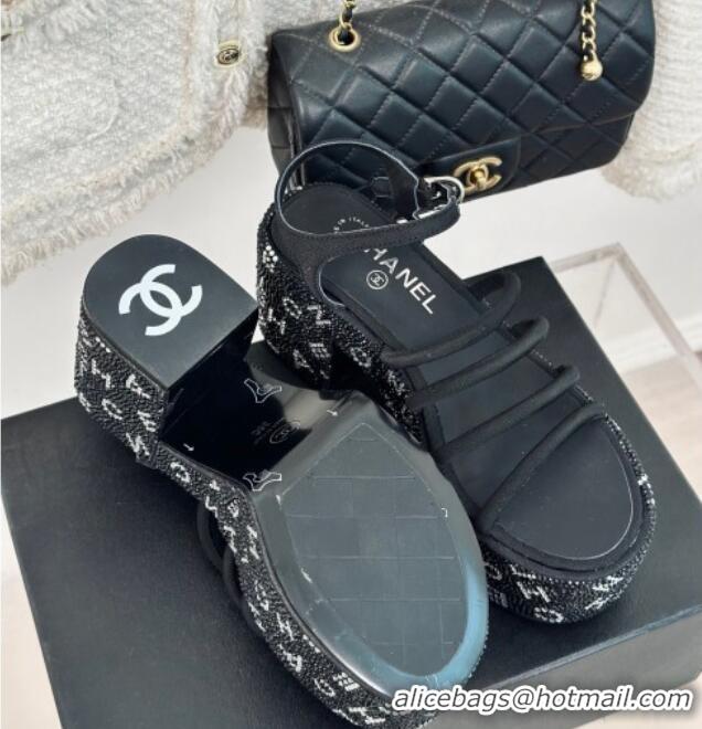 Top Design Chanel Calfskin & Crystals Heel Platform Sandals with Letterings Black 0223083