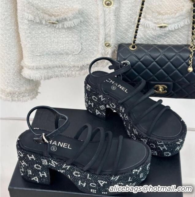 Top Design Chanel Calfskin & Crystals Heel Platform Sandals with Letterings Black 0223083