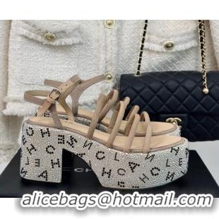 Pretty Style Chanel Calfskin & Crystals Heel Platform Sandals with Letterings Beige 0223084