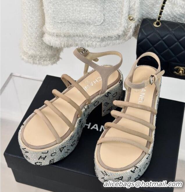 Pretty Style Chanel Calfskin & Crystals Heel Platform Sandals with Letterings Beige 0223084