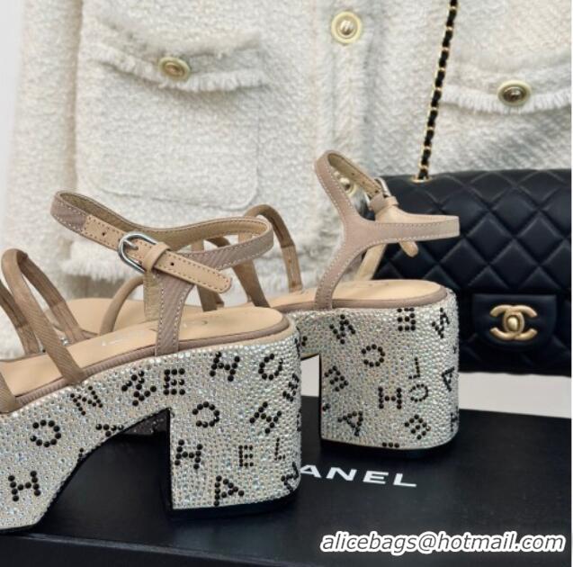 Pretty Style Chanel Calfskin & Crystals Heel Platform Sandals with Letterings Beige 0223084