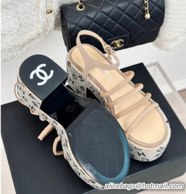 Pretty Style Chanel Calfskin & Crystals Heel Platform Sandals with Letterings Beige 0223084