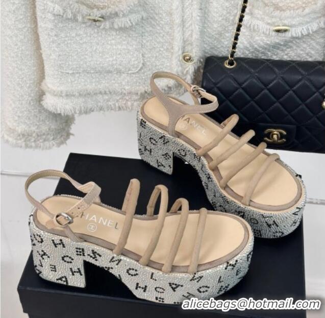 Pretty Style Chanel Calfskin & Crystals Heel Platform Sandals with Letterings Beige 0223084