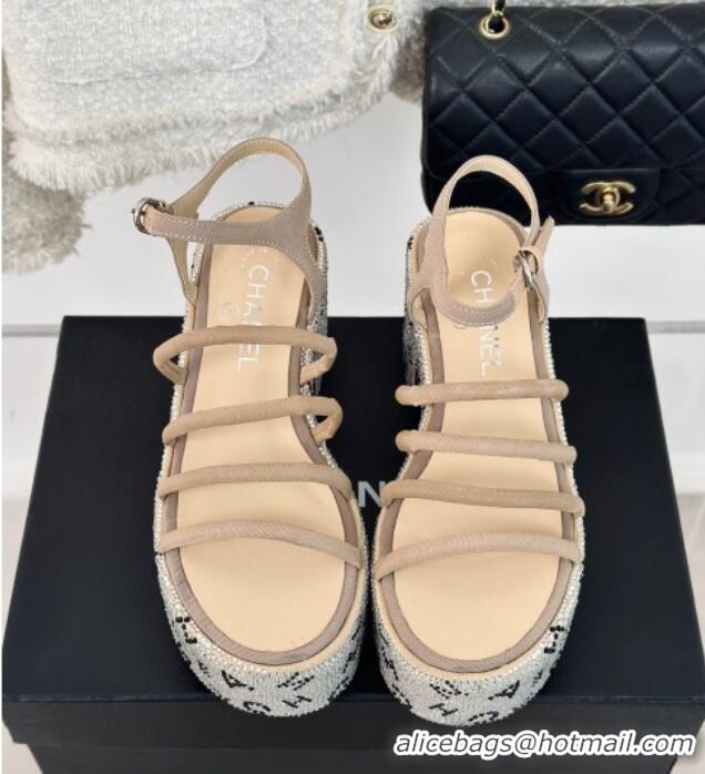 Pretty Style Chanel Calfskin & Crystals Heel Platform Sandals with Letterings Beige 0223084