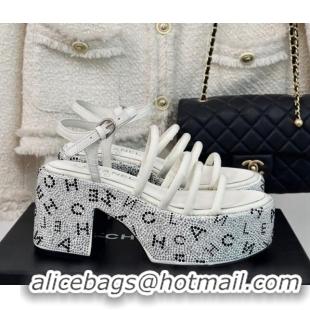 Inexpensive Chanel Calfskin & Crystals Heel Platform Sandals with Letterings White 0223085