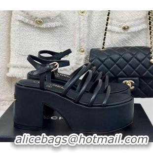 Best Grade Chanel Calfskin Leather Heel Platform Sandals Black 223086