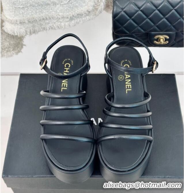 Best Grade Chanel Calfskin Leather Heel Platform Sandals Black 223086