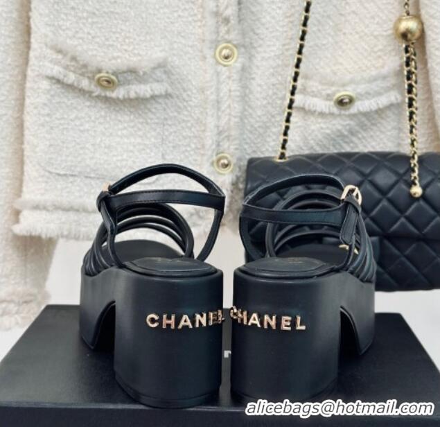 Best Grade Chanel Calfskin Leather Heel Platform Sandals Black 223086