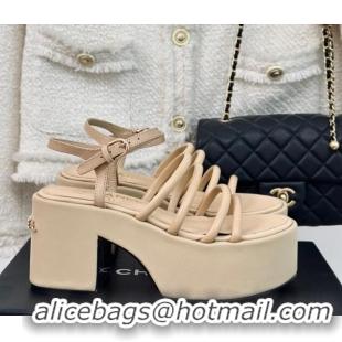 Low Price Chanel Calfskin Leather Heel Platform Sandals Beige 0223087