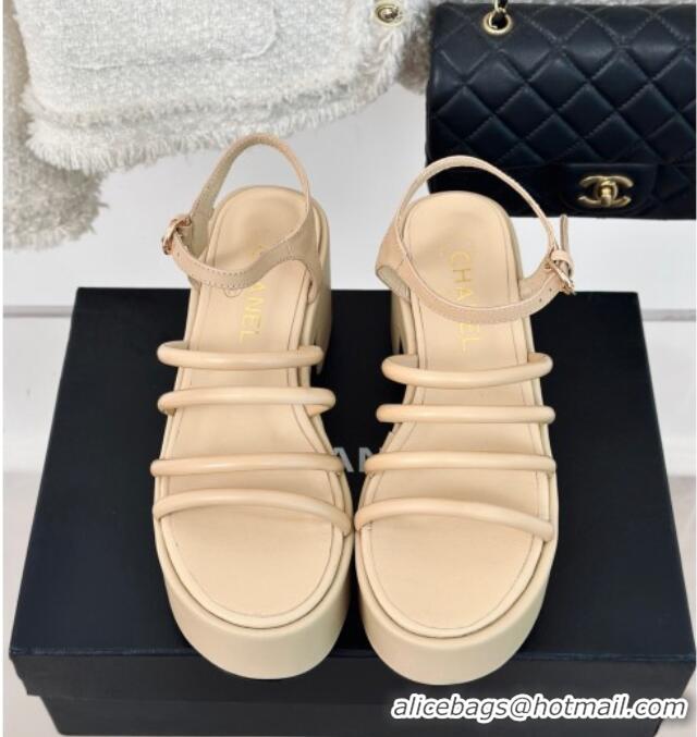 Low Price Chanel Calfskin Leather Heel Platform Sandals Beige 0223087