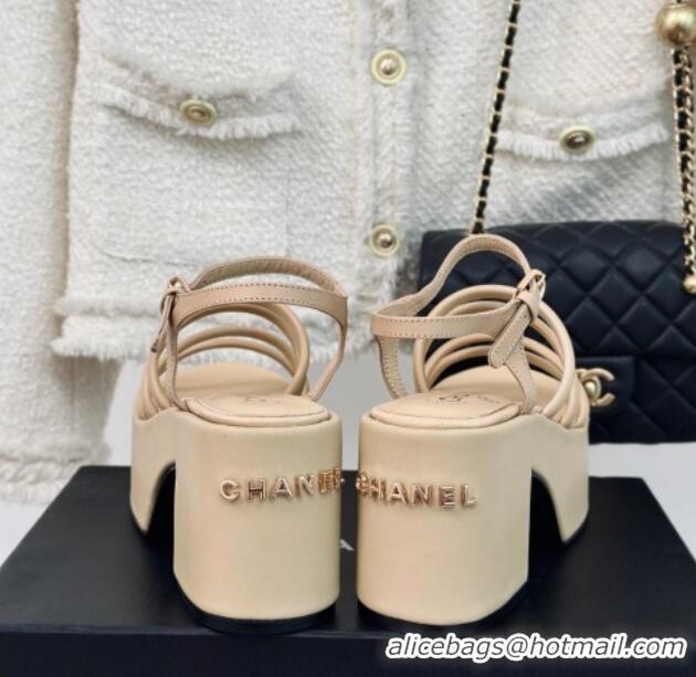 Low Price Chanel Calfskin Leather Heel Platform Sandals Beige 0223087