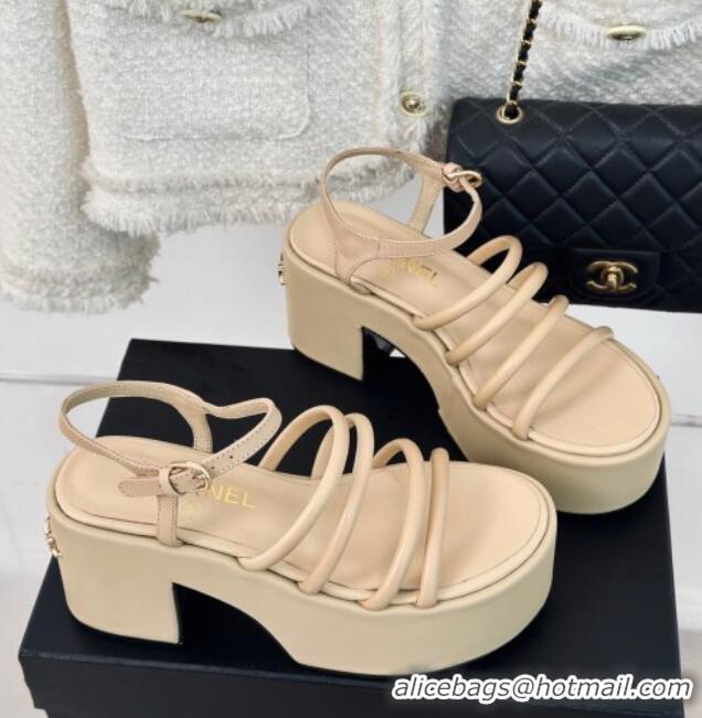 Low Price Chanel Calfskin Leather Heel Platform Sandals Beige 0223087