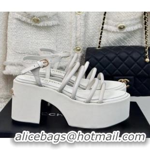 Good Looking Chanel Calfskin Leather Heel Platform Sandals White 223088